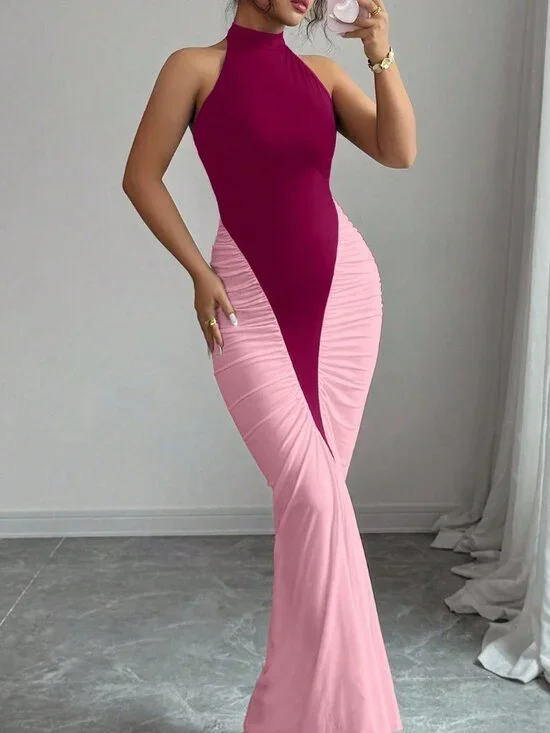 Elegant Multicolor Women's Color Block Fishtail Hem Dress - Picture 4 of 6